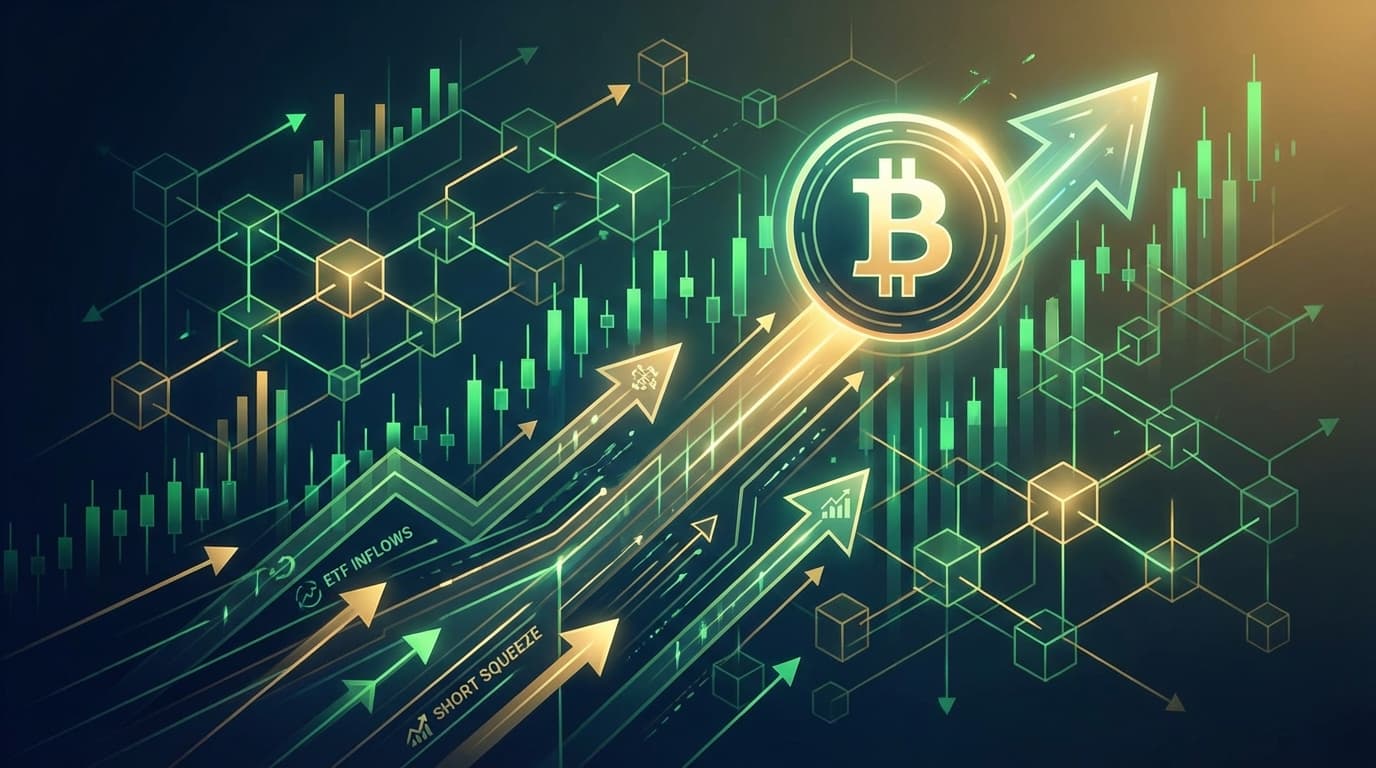 Bitcoin price chart showing sharp upward rally with green candlesticks