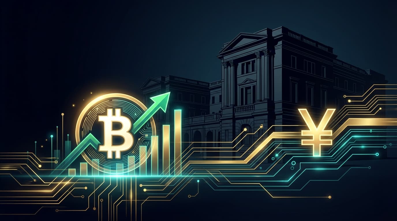 Bitcoin price chart rising with Japanese yen symbol and Bank of Japan building