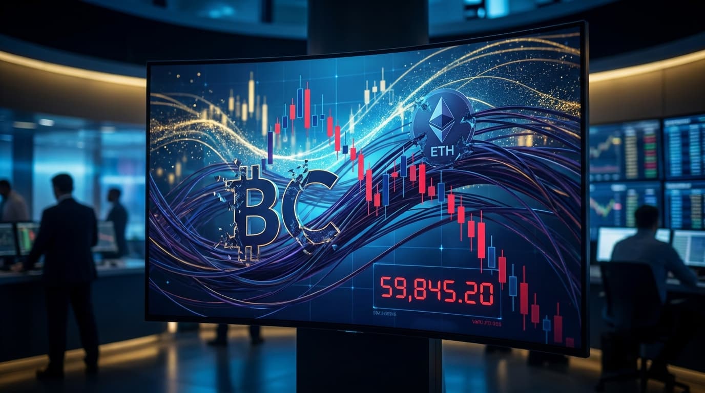 Bitcoin and Ethereum tokens beside a falling market chart below the 60000 price level