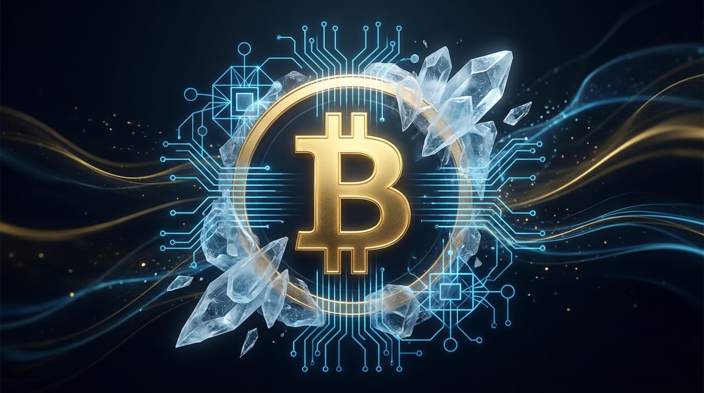 Abstract visualization of Bitcoin security with quantum computing elements and cryptographic lock patterns