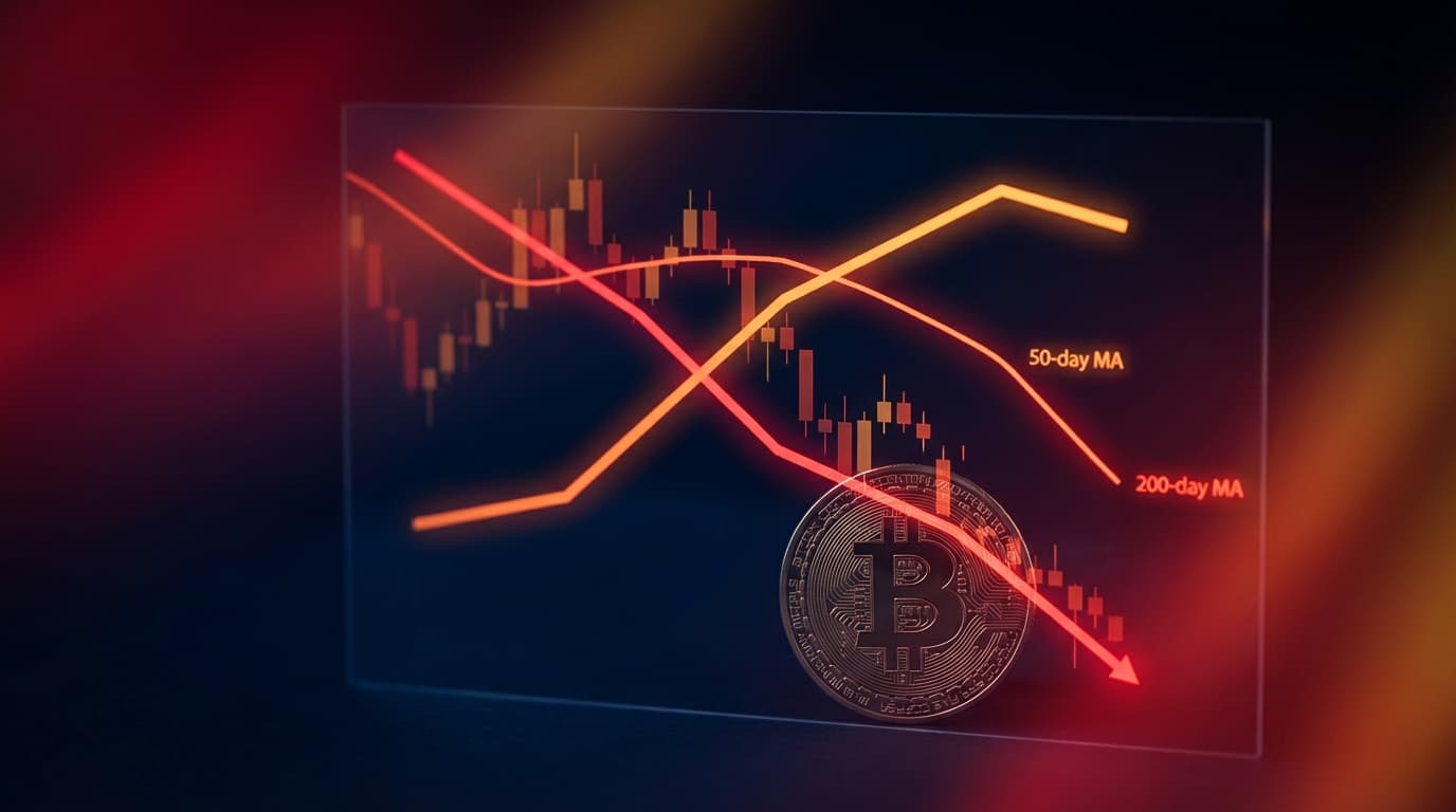 Bitcoin price chart showing death cross pattern with downward trend lines
