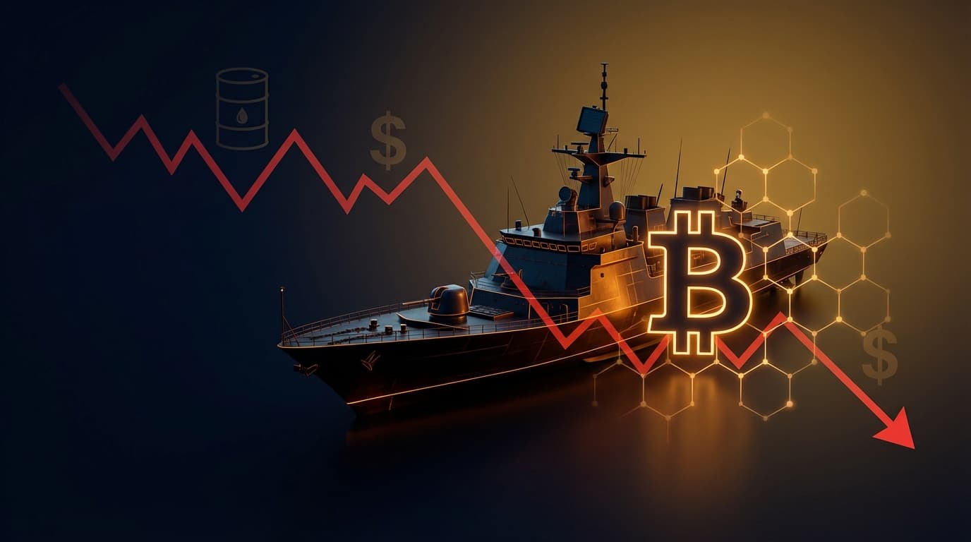 Abstract representation of geopolitical tensions affecting cryptocurrency markets with naval and blockchain elements