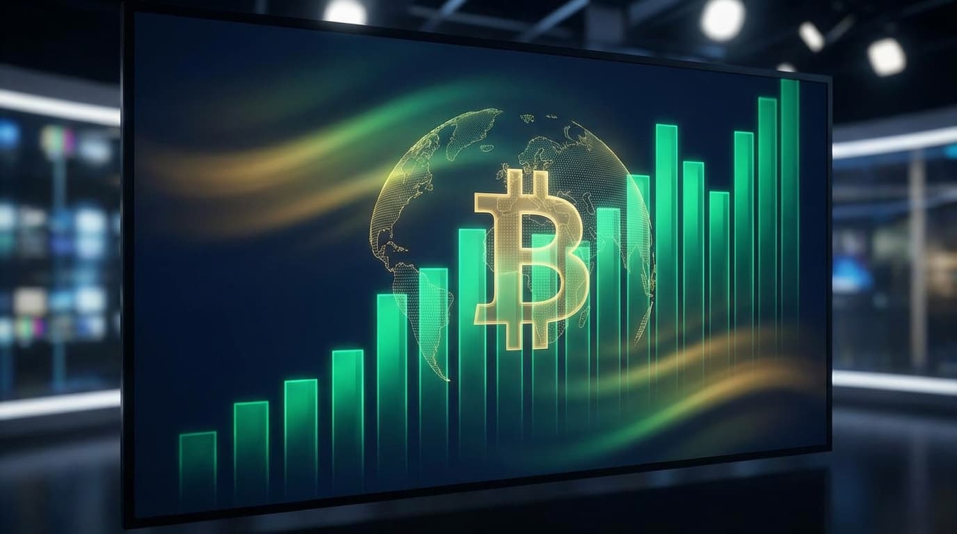 Bitcoin ETF inflow chart with rising green bars and a geopolitical map overlay