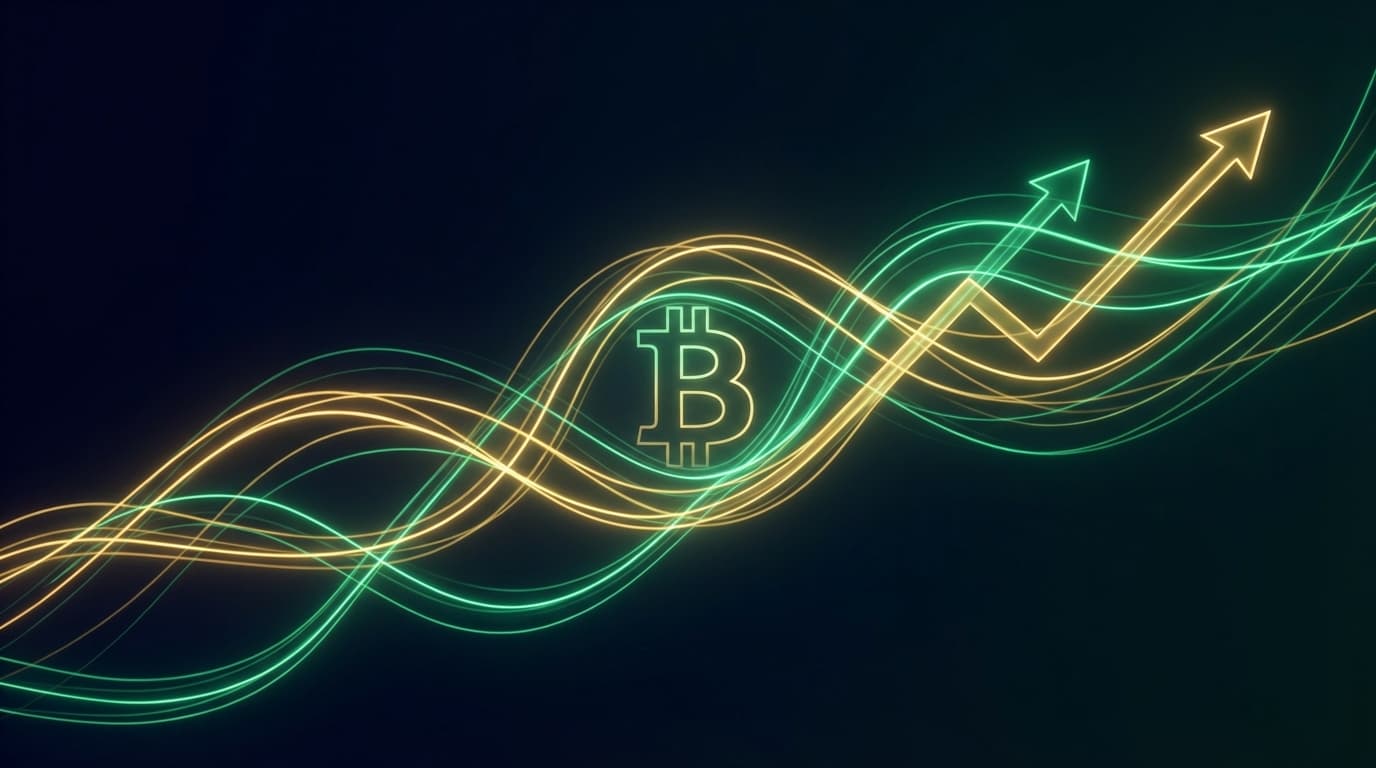 Bitcoin ETF inflow chart with upward trend arrows on dark financial dashboard background