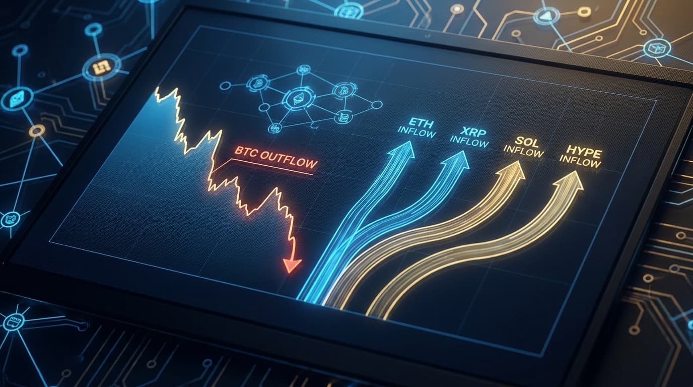 Institutional crypto ETF flow dashboard with Bitcoin and altcoin fund rotation