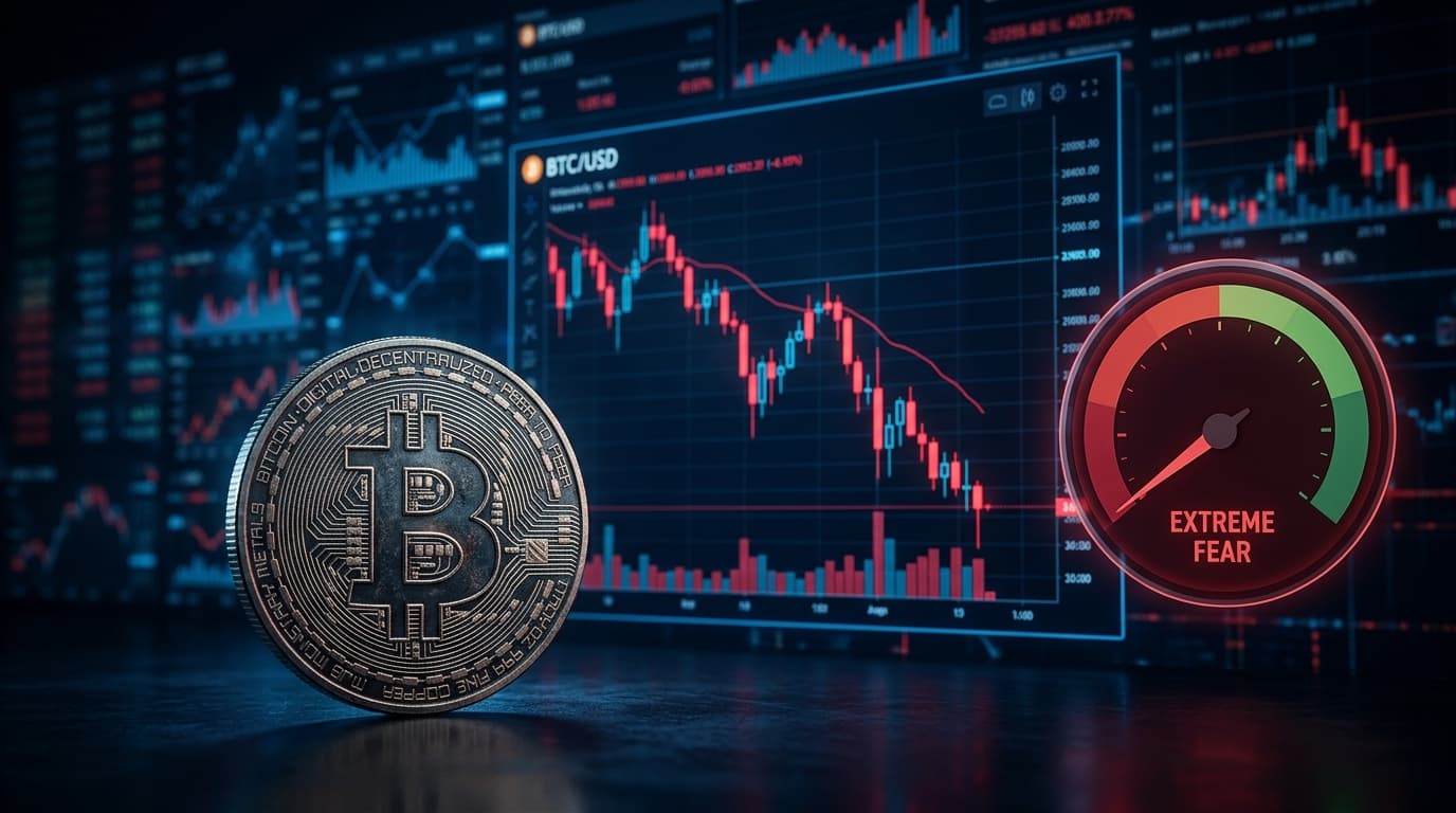 Bitcoin price chart with declining trend line and fear and greed index gauge showing extreme fear