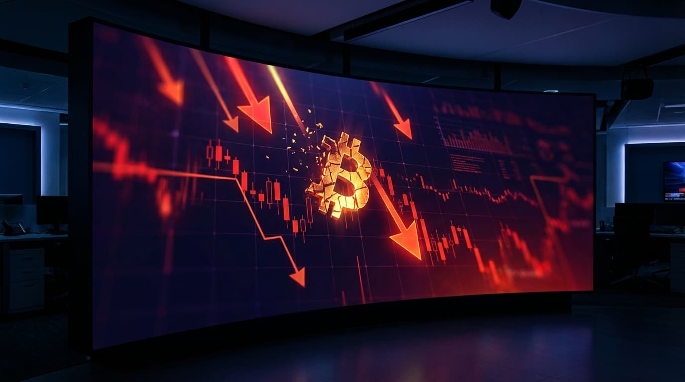 Bitcoin coin beside a falling candlestick chart representing a June liquidation-driven market selloff