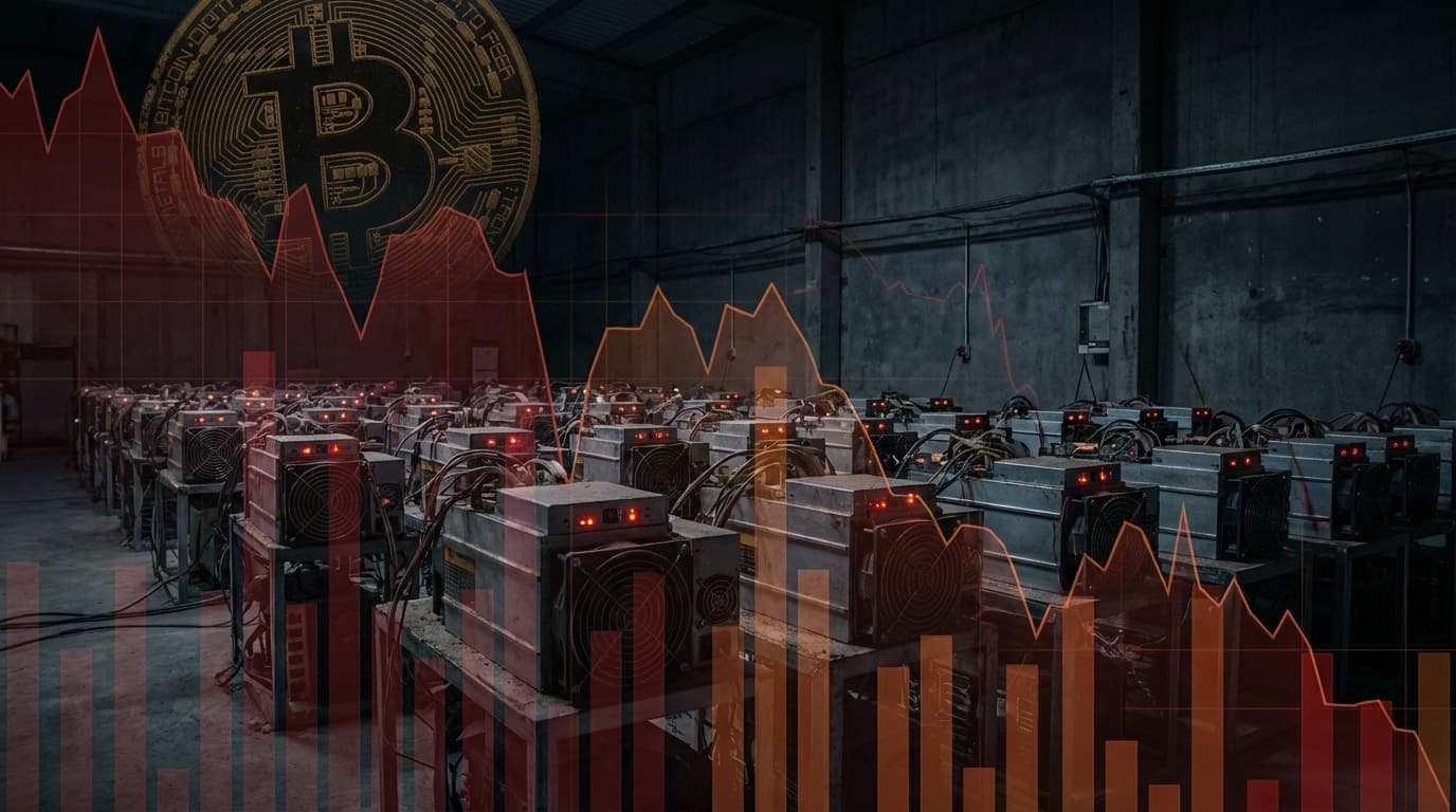 Bitcoin mining equipment with declining price chart overlay