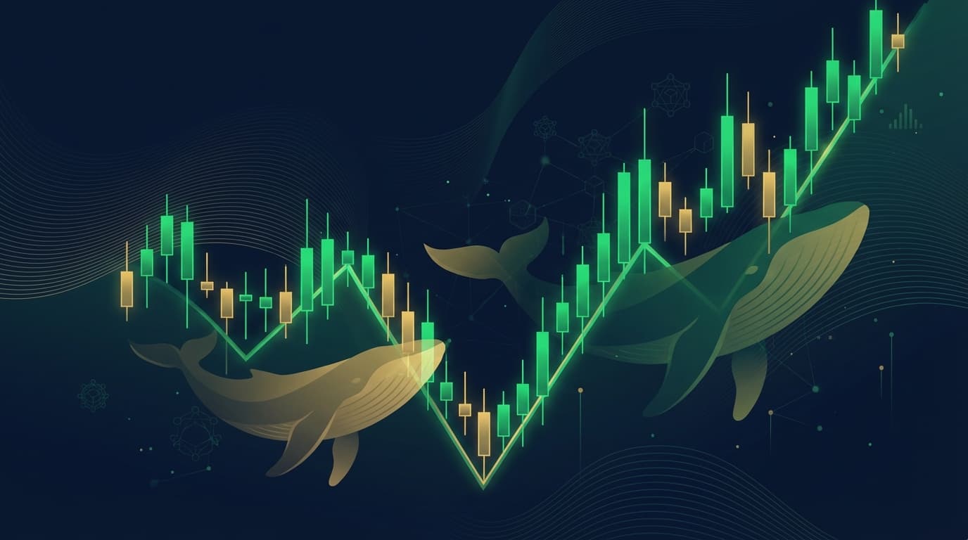 Bitcoin price chart showing rebound from 63000 dollars with green candles and whale accumulation indicators