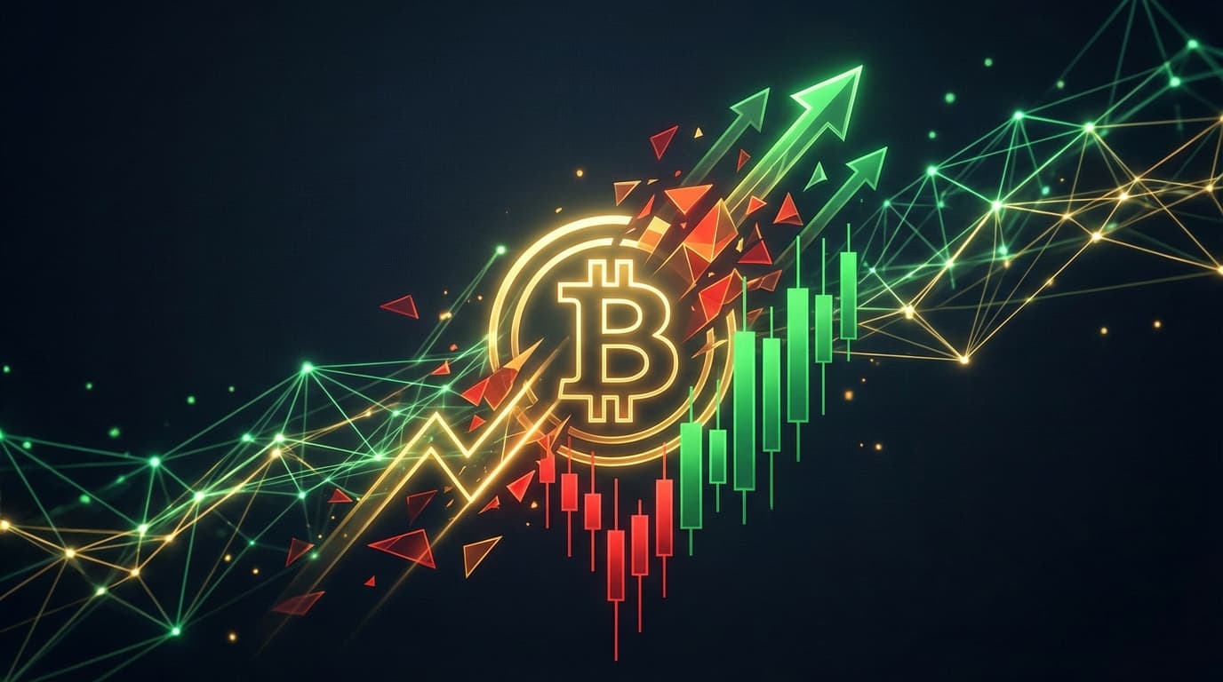 Abstract visualization of Bitcoin price recovery with upward momentum and market chart elements