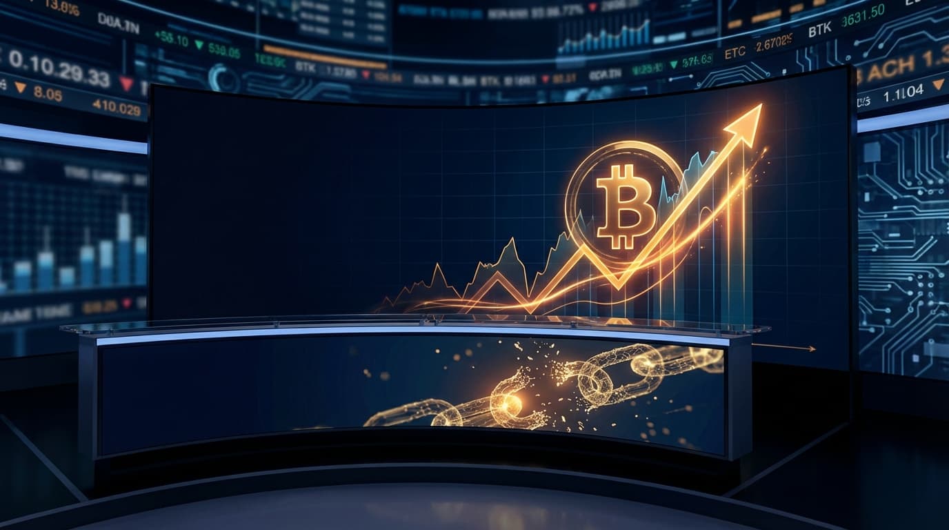 Bitcoin price chart showing a sharp upward movement past $68,000 with trading data overlay