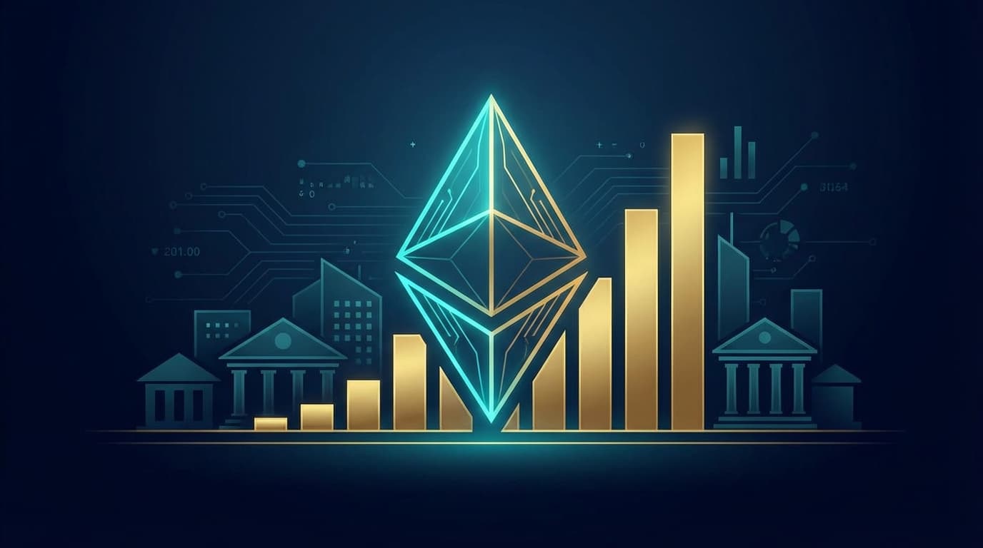 Ethereum logo with institutional finance elements representing corporate accumulation