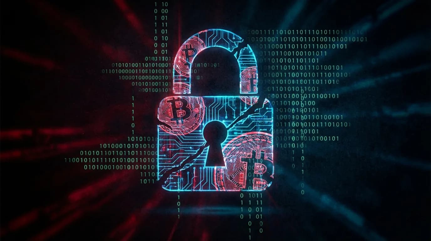 Digital security breach visualization with cryptocurrency wallet and shield elements