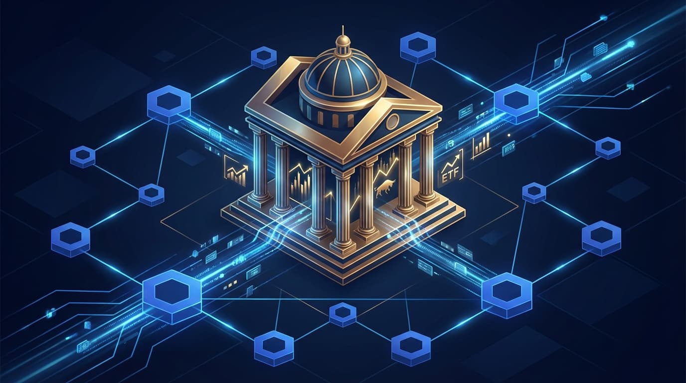 Chainlink logo integrated with NYSE trading floor visualization representing ETF launch