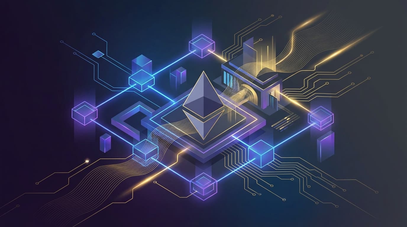 Ethereum staking visualization with institutional finance elements representing BlackRock ETHB ETF