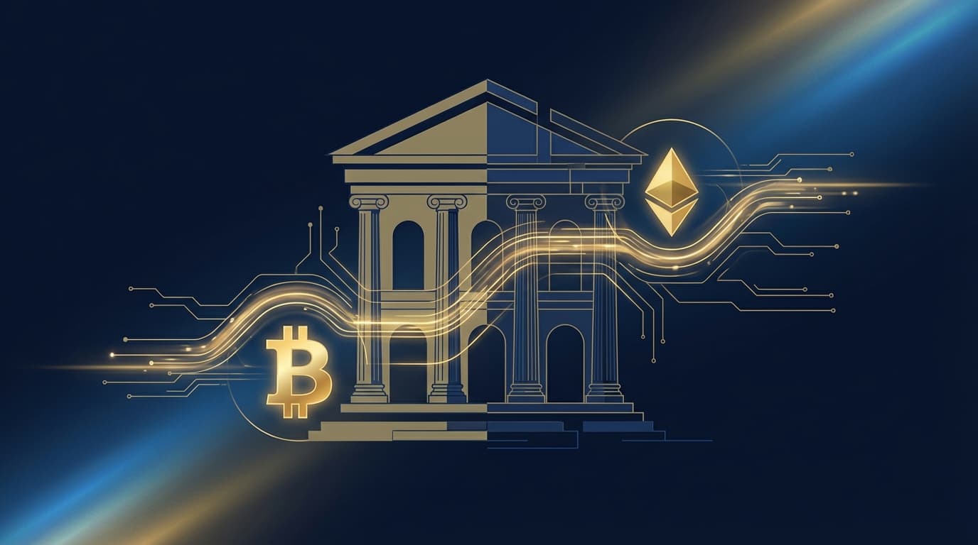 Abstract visualization of European bank building connected to Bitcoin and Ethereum blockchain networks, blue and gold gradient on dark background