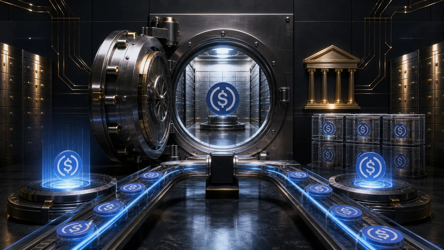 Institutional custody platform interface with USDC stablecoin symbols, bank architecture, and secure blockchain vault elements