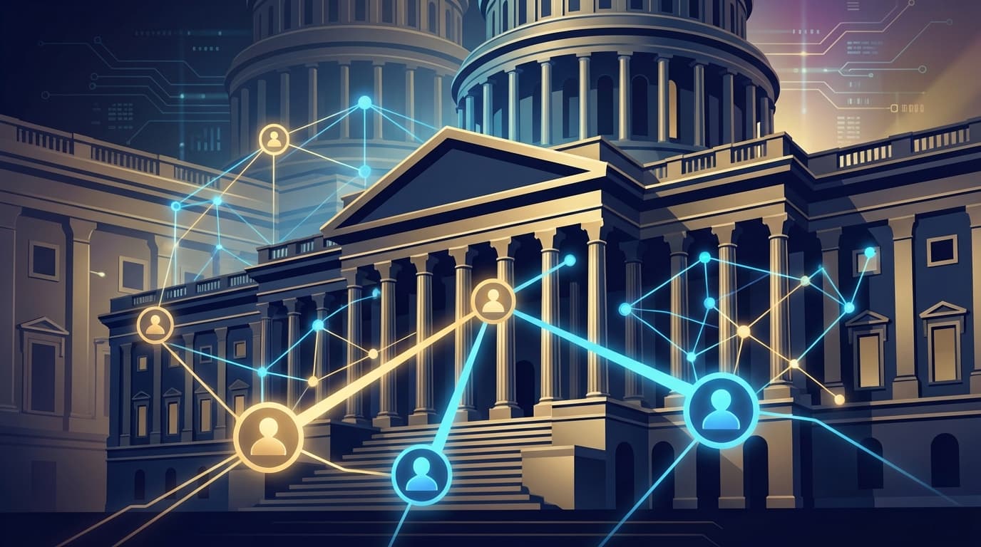 Illustration of U.S. regulatory building with digital blockchain elements representing crypto industry advisory panel