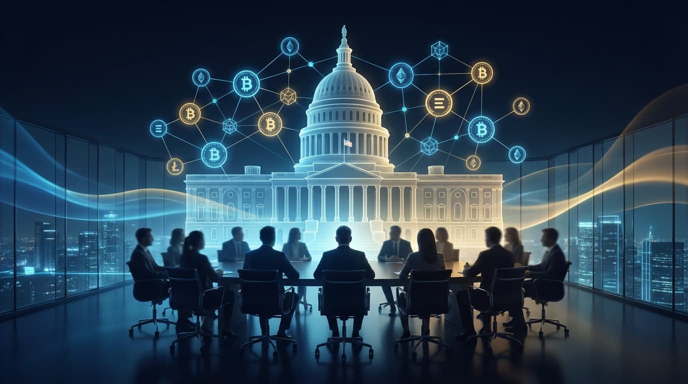 Illustration of government advisory panel meeting with crypto industry leaders and regulatory officials