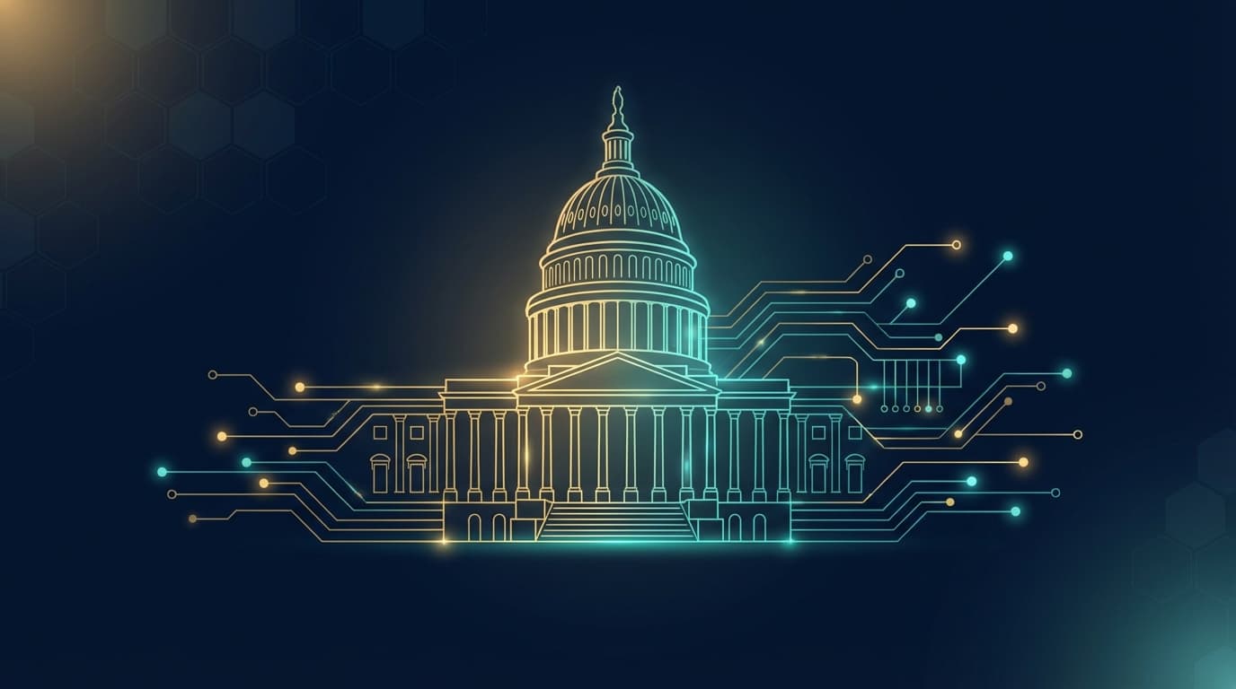 Illustration of US regulatory building with blockchain and cryptocurrency symbols representing the CFTC advisory committee