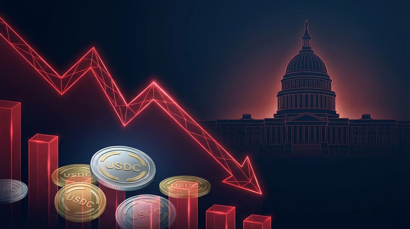 Abstract financial chart showing a sharp downward trend with stablecoin and regulatory symbols
