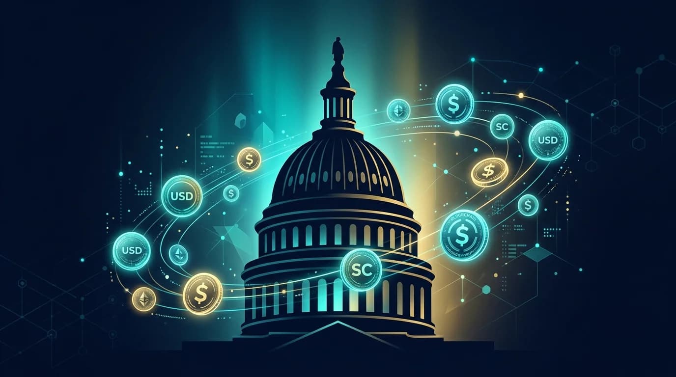 U.S. Capitol building with digital stablecoin symbols representing the CLARITY Act debate