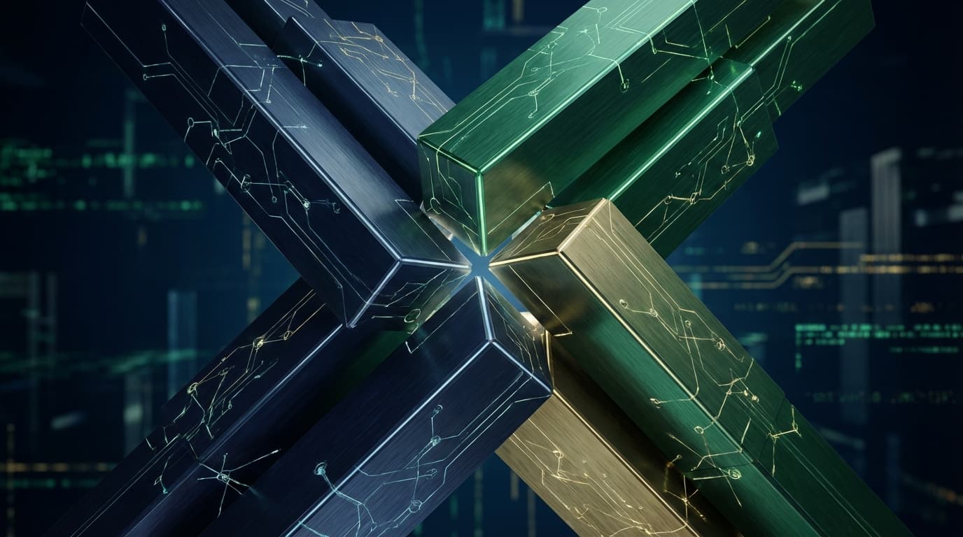 Abstract visualization of legislative gridlock with four opposing forces and crypto symbols on a dark background