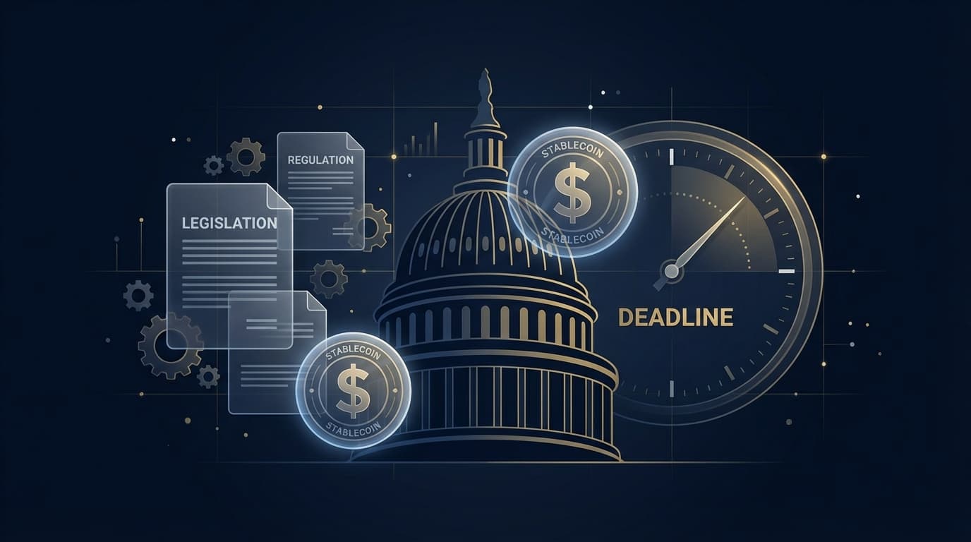 US Capitol building with digital stablecoin symbols representing crypto regulation
