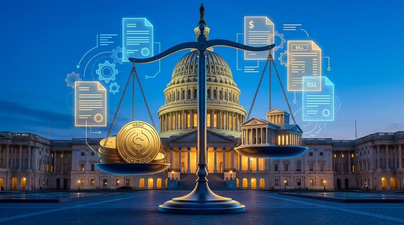US Capitol building with scales of justice and stablecoin symbols representing regulatory debate