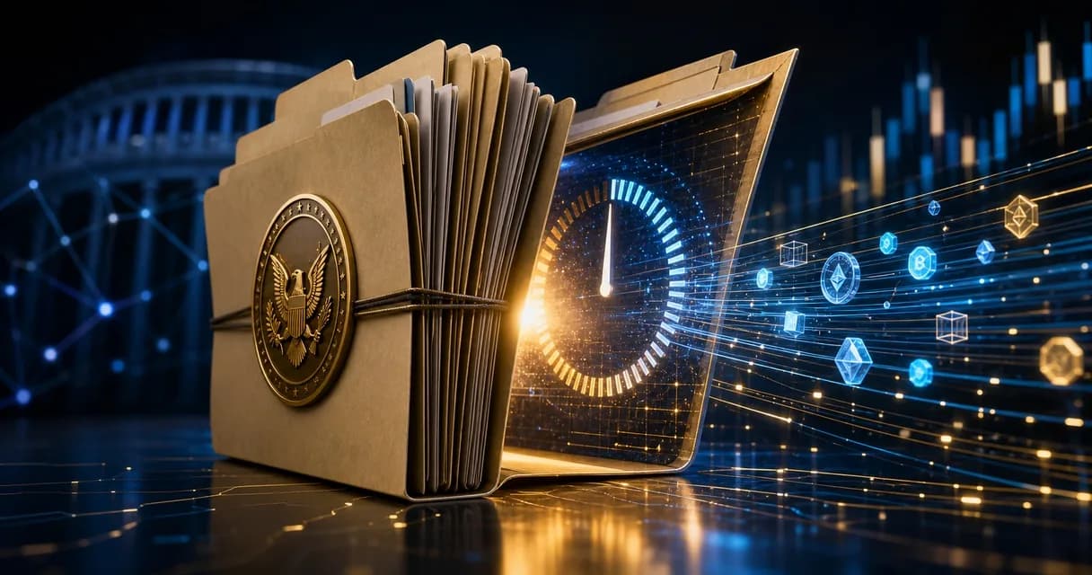 CLARITY Act crypto regulation shown as Senate folders, digital asset rails, and a countdown clock