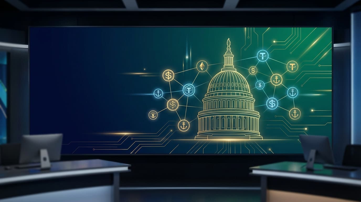 Abstract representation of legislative progress with gradient colors and financial symbols