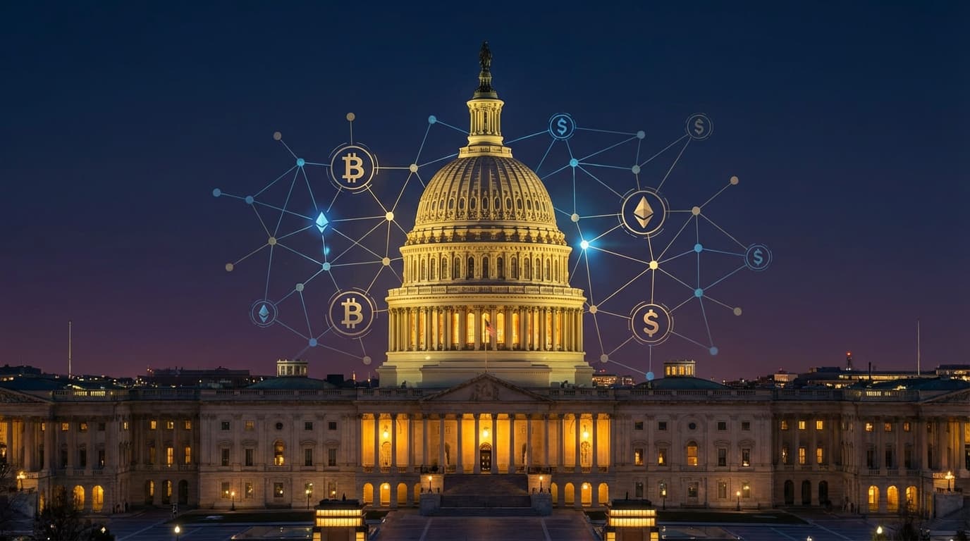 US Capitol building with digital blockchain elements representing crypto legislation