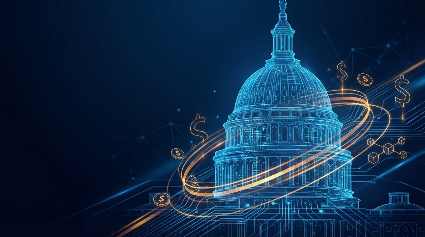 US Capitol building with Coinbase logo and USDC stablecoin symbol representing the CLARITY Act debate