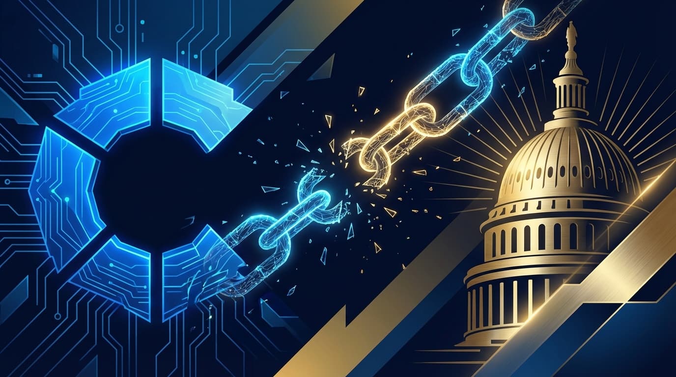 Split image of Coinbase logo and US Capitol building representing regulatory standoff