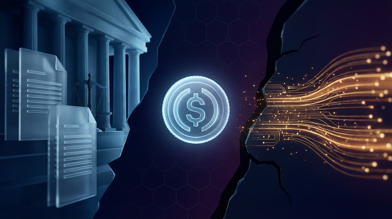 Digital illustration of regulatory documents and stablecoin symbols representing the Clarity Act debate