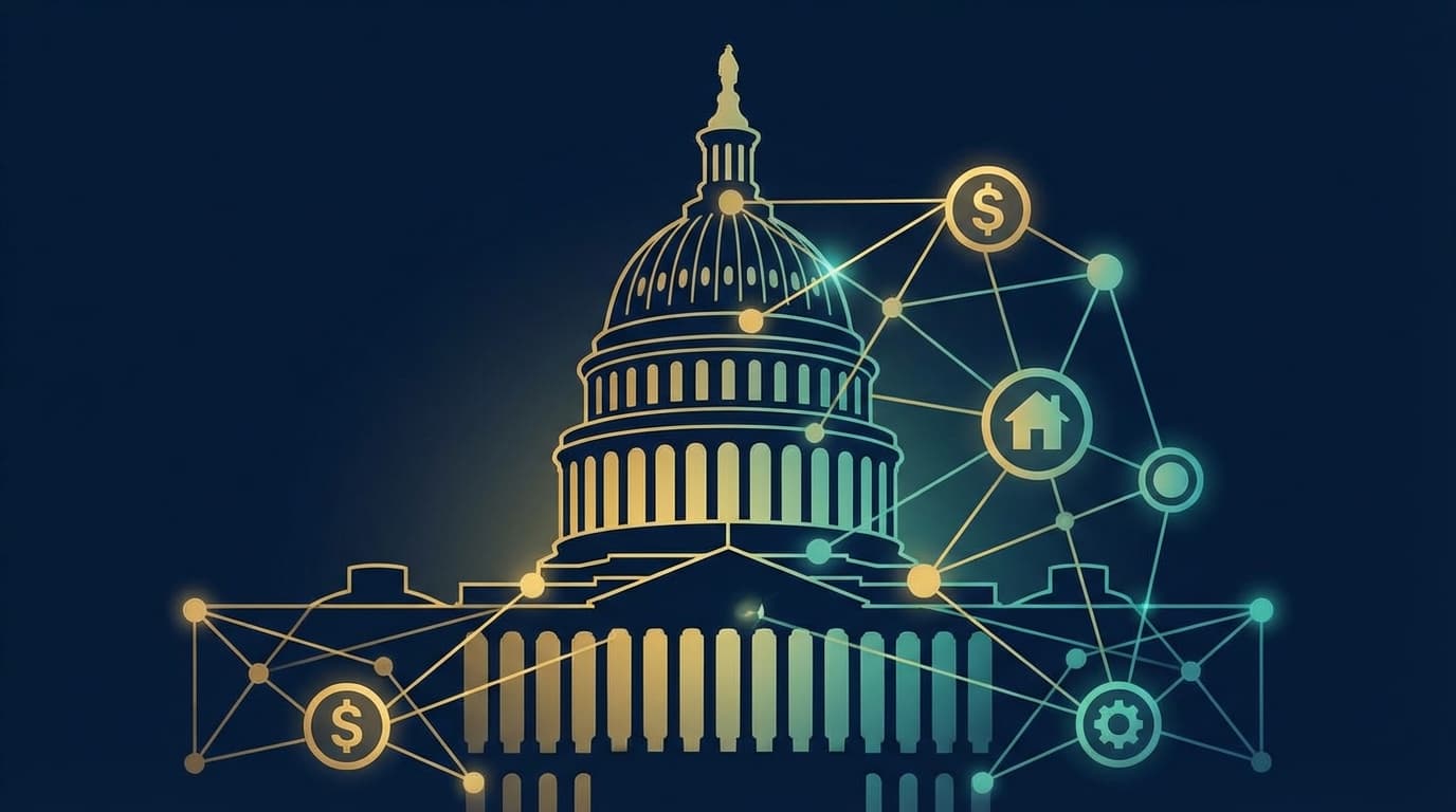 Capitol building with blockchain network overlay representing tokenized securities regulation