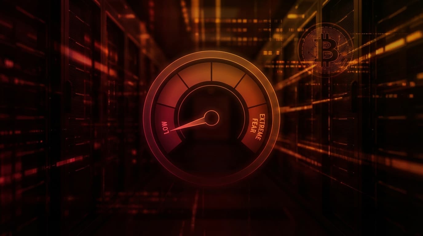 Abstract visualization of crypto market fear sentiment with a gauge showing extreme fear reading and Bitcoin price chart