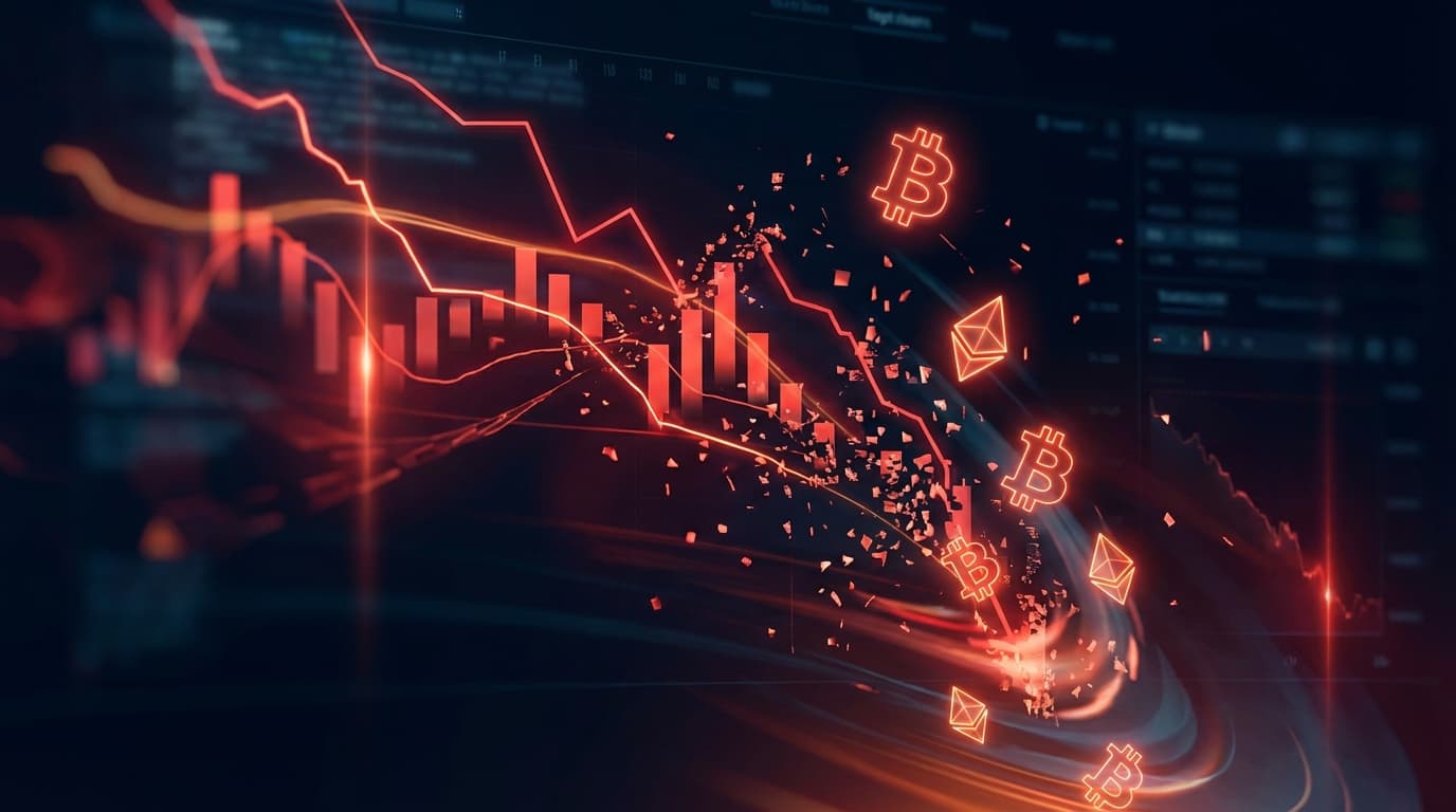 Cryptocurrency market chart showing steep decline with liquidation data