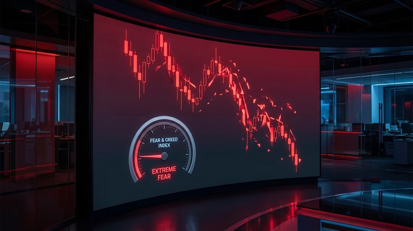 Bitcoin price chart showing sharp decline with red candles and fear indicator