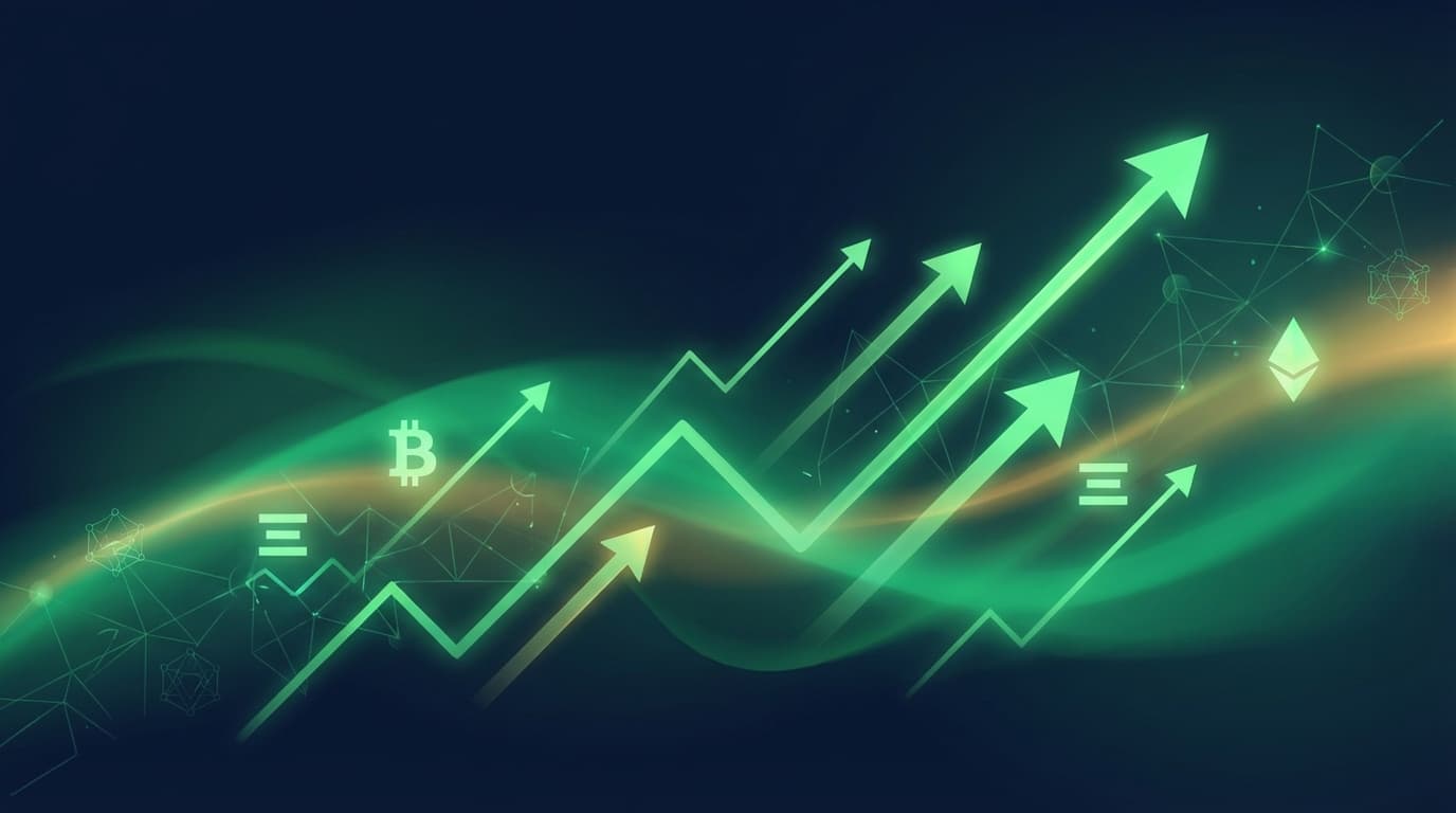 Abstract visualization of rising cryptocurrency market with upward green arrows and digital price charts on dark background