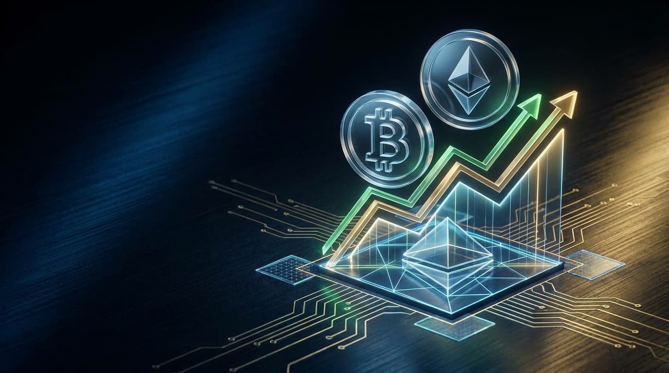 Bitcoin and Ethereum tokens beside a recovering digital market chart on a dark financial news background