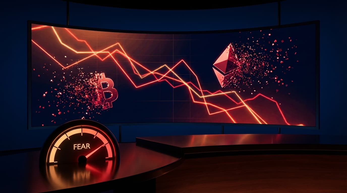 Cryptocurrency market chart showing sharp decline with red candlesticks and fear indicator