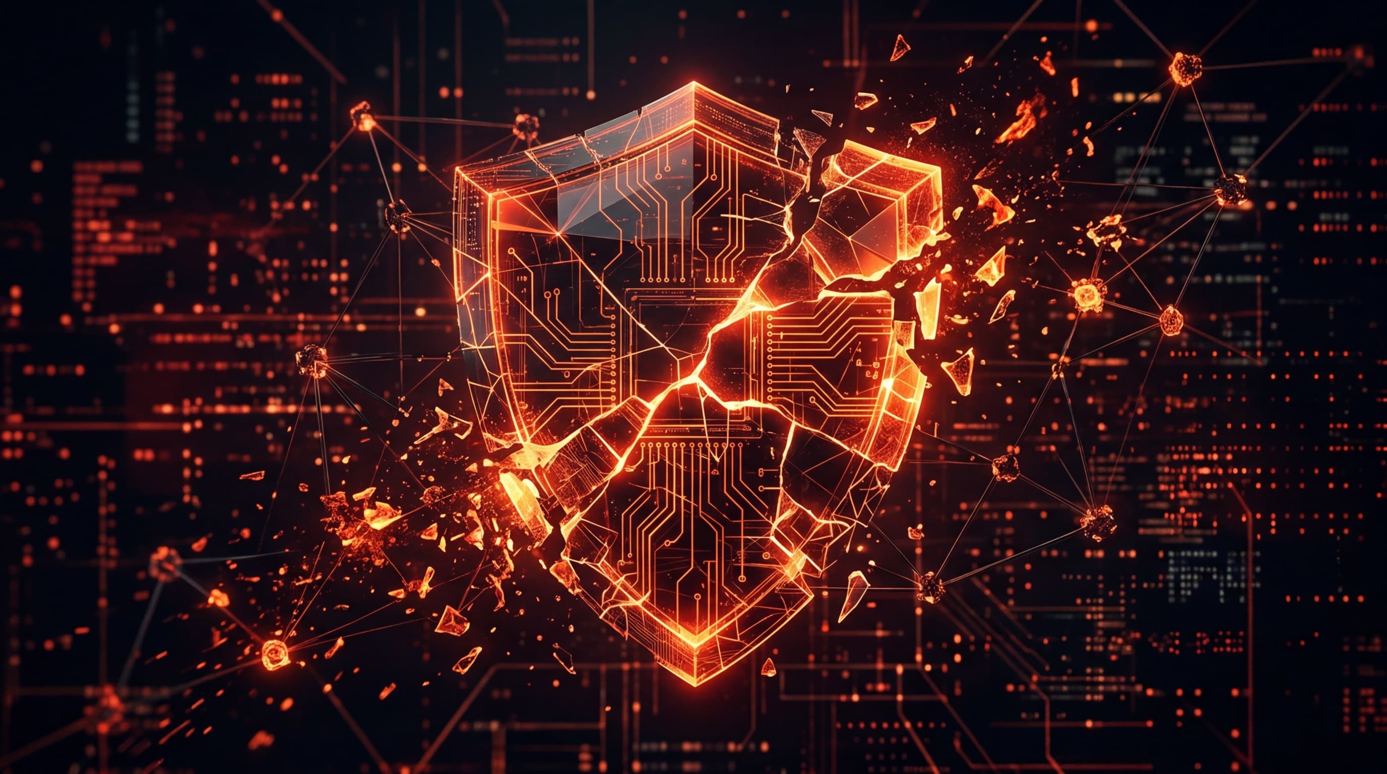 Shield icon with digital cracks representing DeFi security exploits in Q1 2026