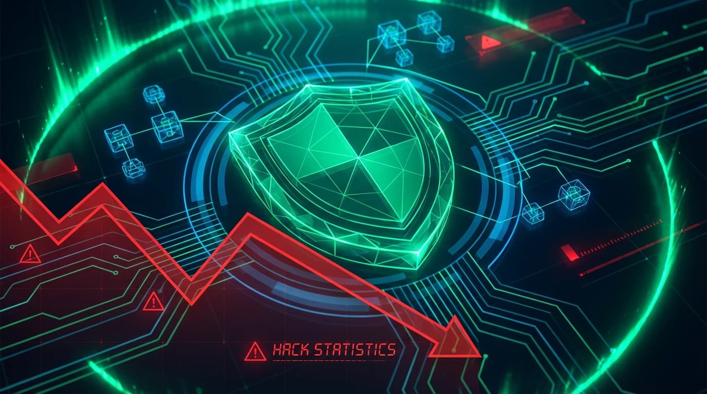 Abstract visualization of declining DeFi hack statistics with security shield and blockchain elements