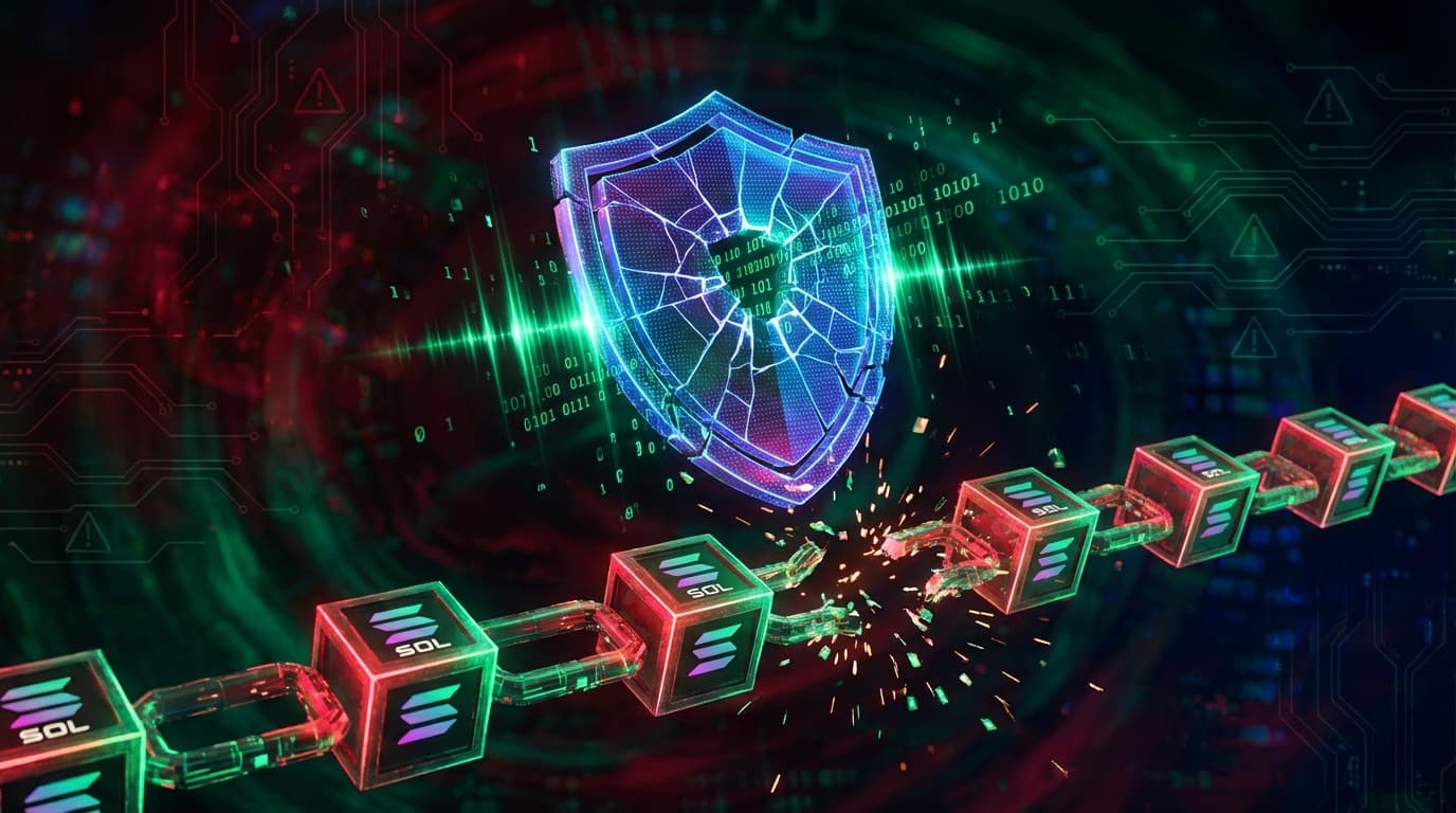 Abstract visualization of a cybersecurity breach on a blockchain network with shattered security shield