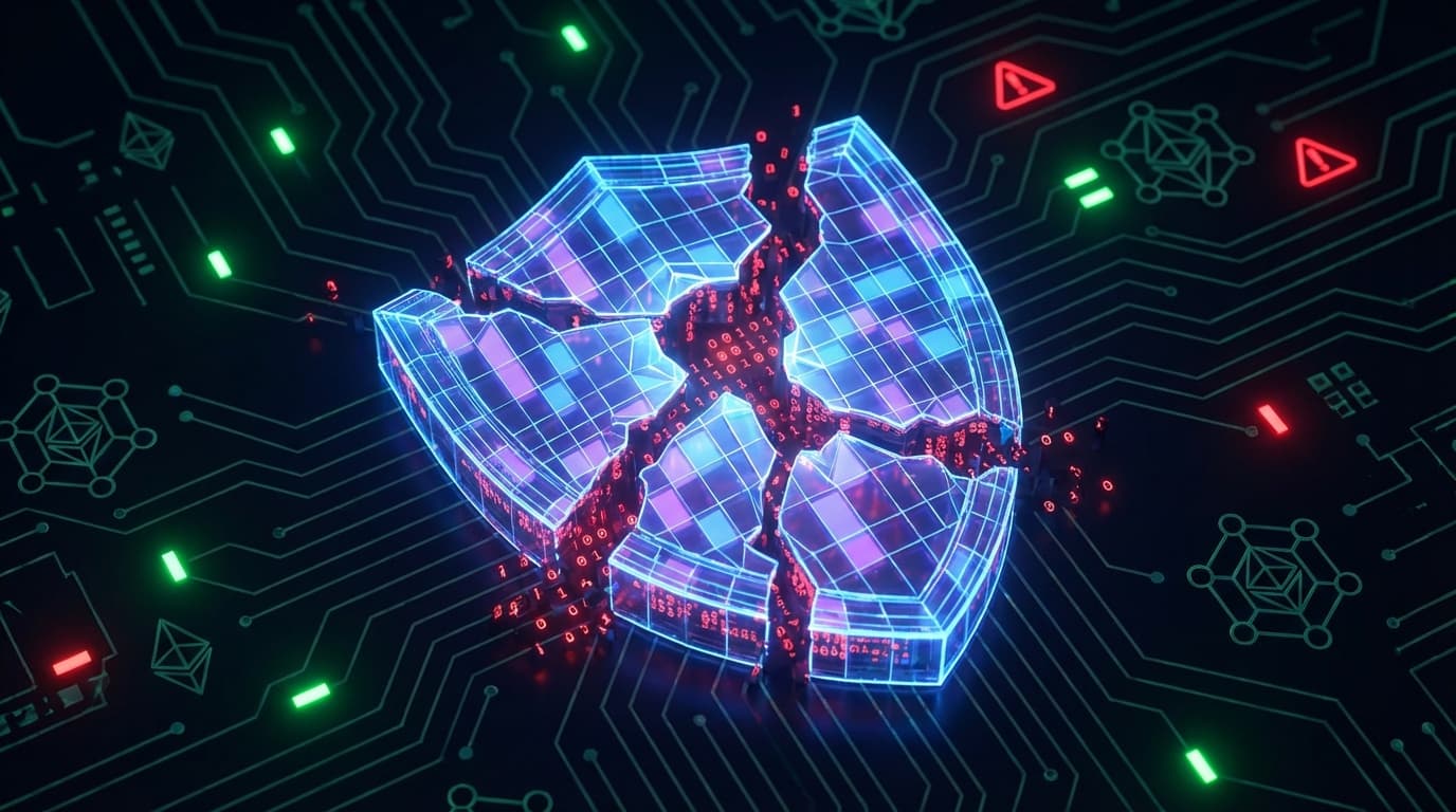 Abstract visualization of a shattered digital shield representing the Drift Protocol security breach on Solana