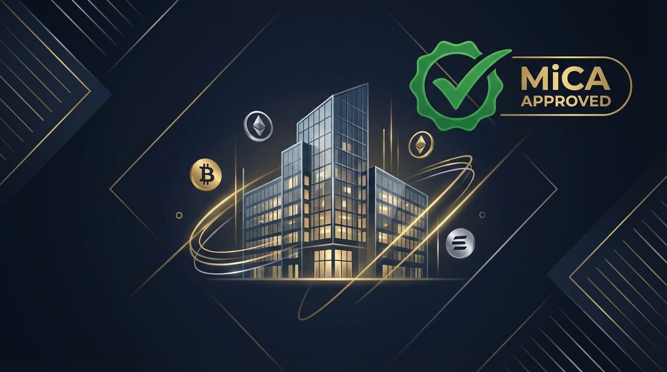 German bank building with cryptocurrency symbols representing regulated crypto trading