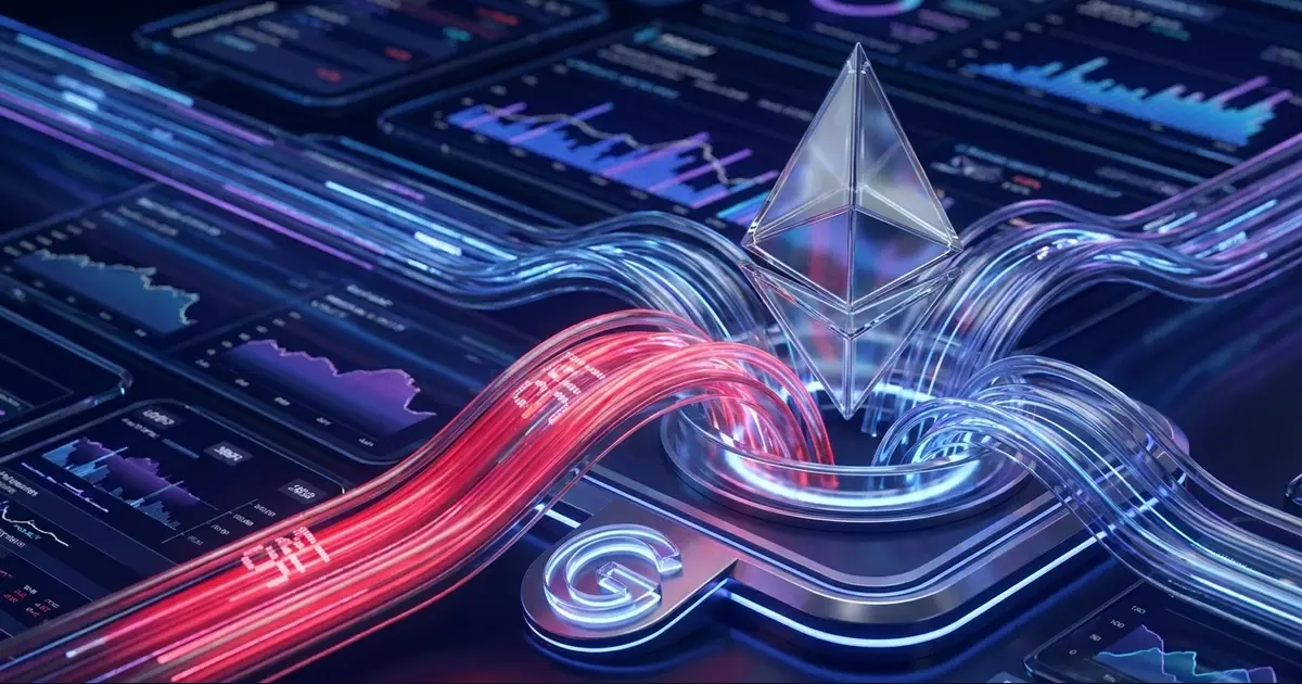 Abstract Ethereum ETF flow chart with institutional fund streams moving across a dark financial dashboard