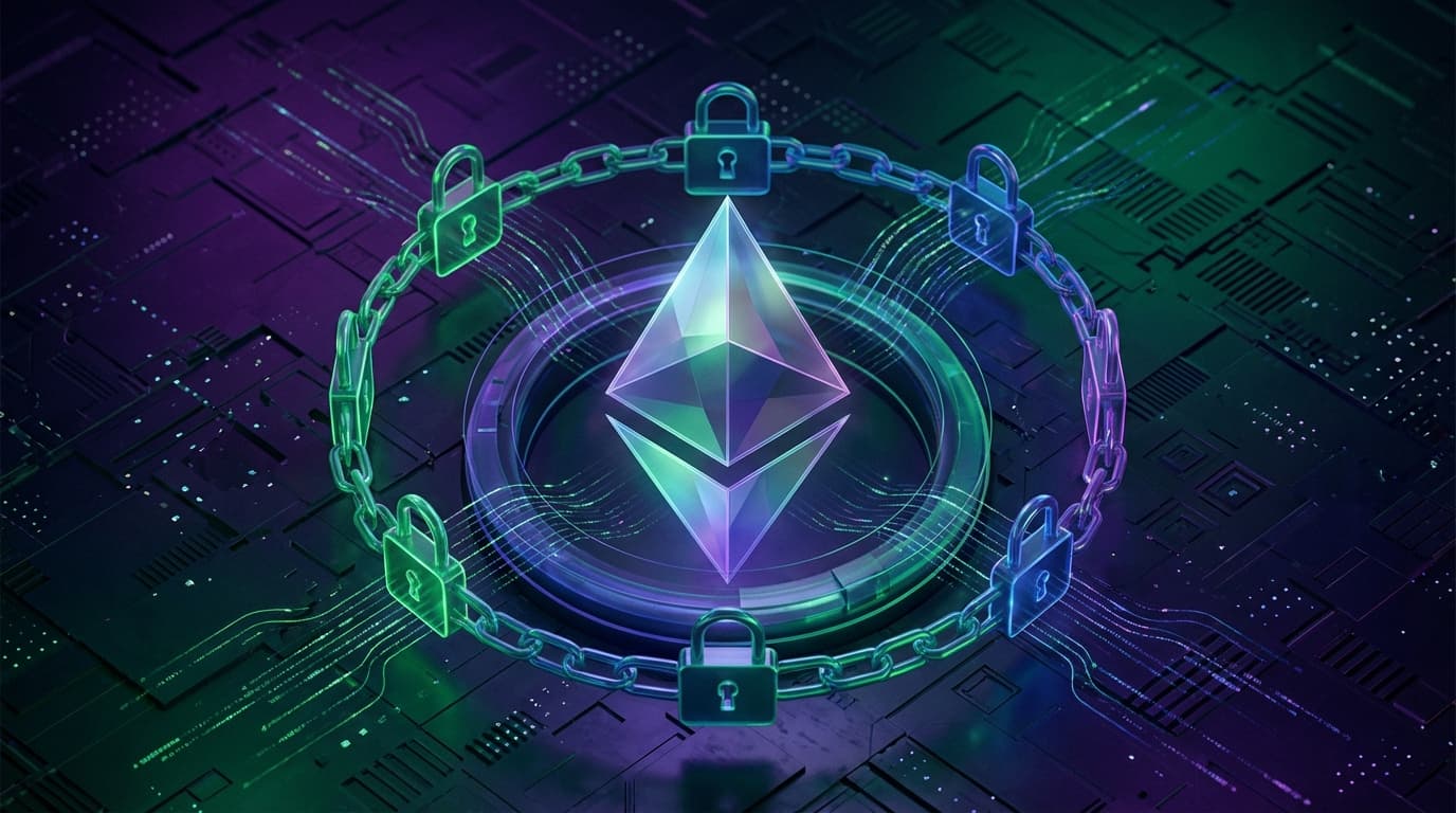 Ethereum logo with staking visualization showing locked tokens generating yield