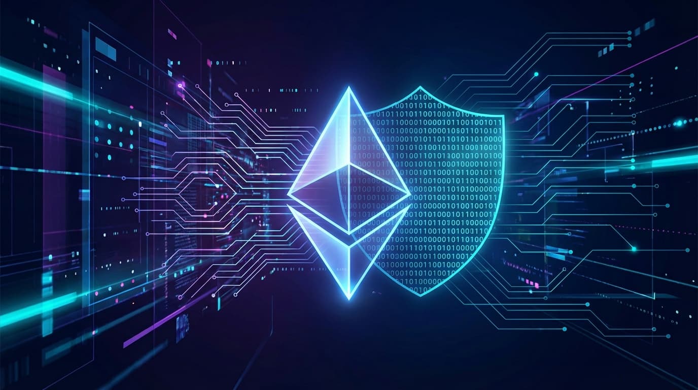 Ethereum logo with quantum computing circuit visualization representing post-quantum security